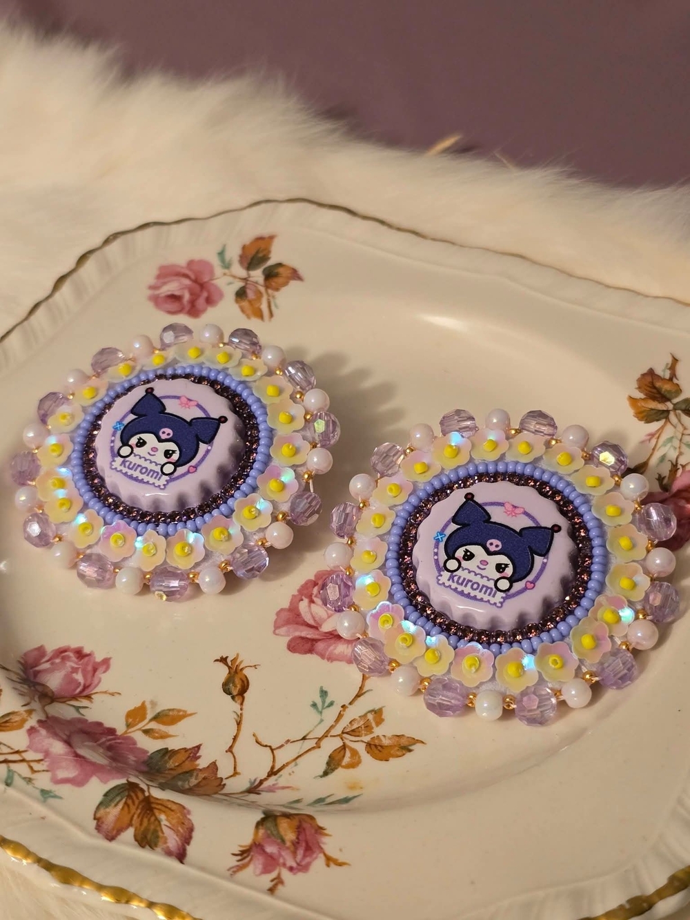 Kuromi Beaded Earrings — Lavender, White & Yellow